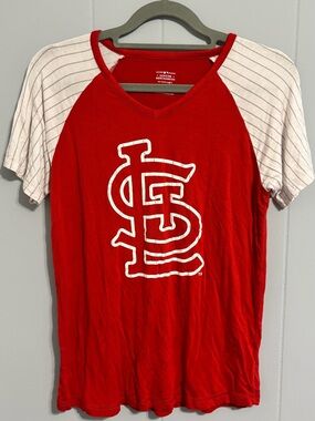 Genuine Merchandise Red Baseball Raglan Tee with White Striped Sleeves